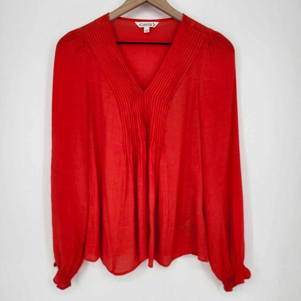 Nanette Lepore Bold Red Pintuck Blouse Top Womens Small Old Money Career Dressy - Picture 2 of 8